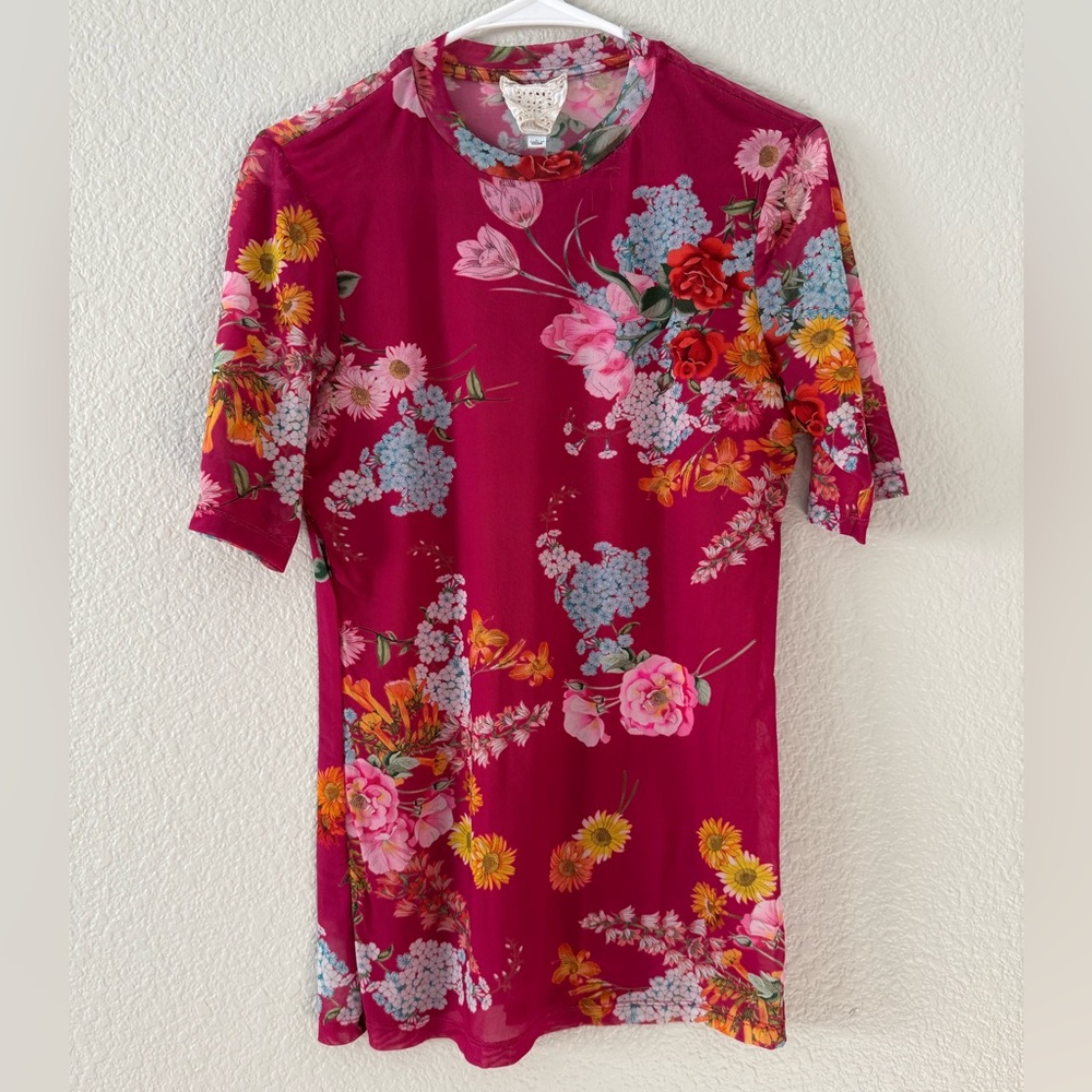 Johnny Was Pink Floral Stretchy Sheer Top